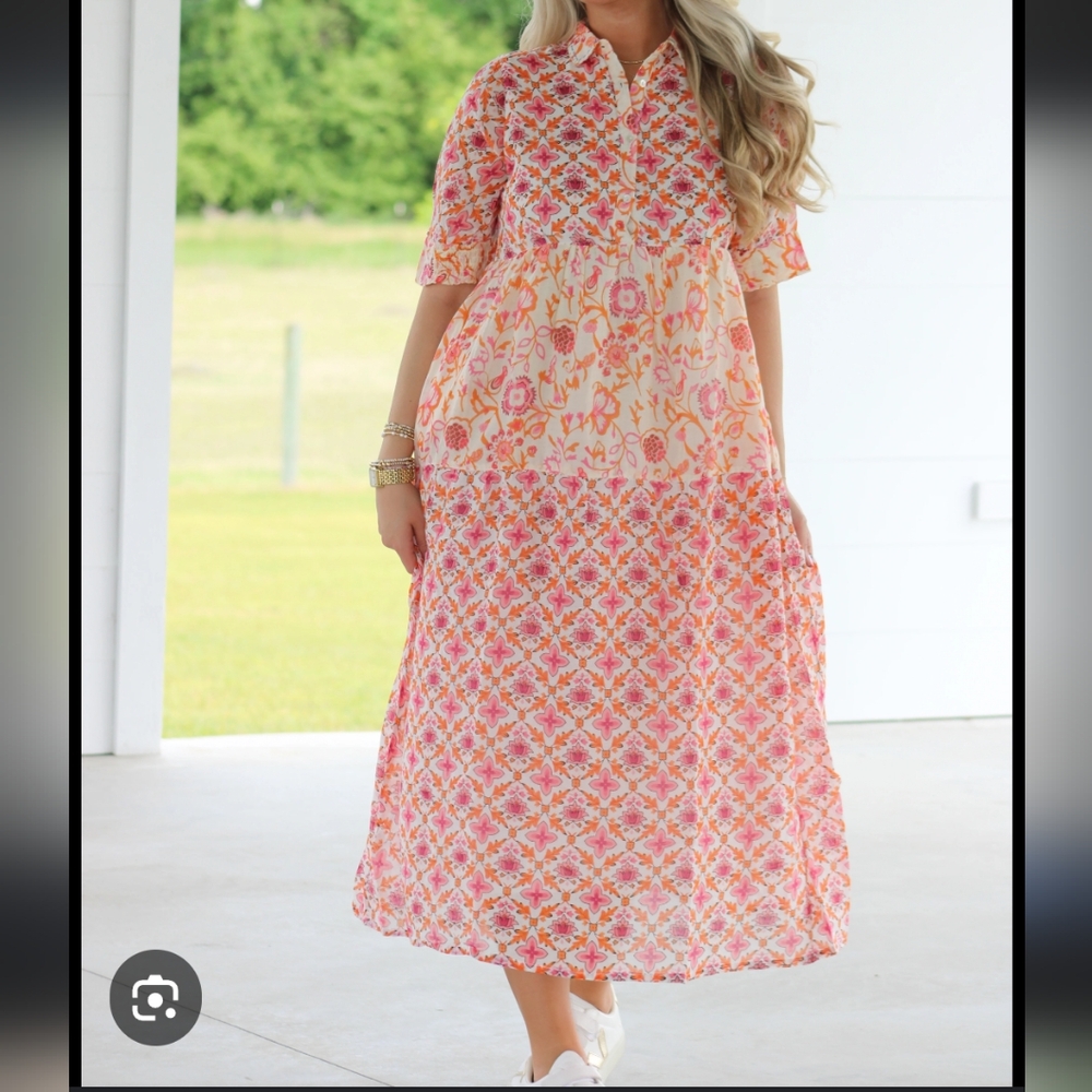 Dolma Islamorada‎ Tiered Midi Dress Orange  Pink Multicolor